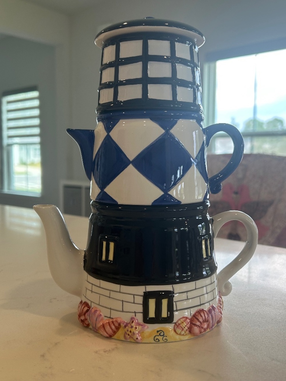 Vintage Nautical Lighthouse Stacking Teapot Set Ceramic Coastal Beach Decor